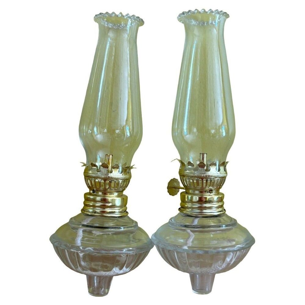 Pair Vtg Lamplight Farms Glass Peg Oil Lamps Brass Burners Glass Chimneys New